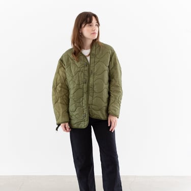 Vintage Green Liner Jacket | Unisex Wavy Quilted Nylon Coat | M L | LI189 