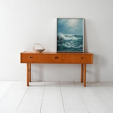 Vintage Scandinavian Oak Entryway Bench with Three Drawers and Inset Handles, 1960s 