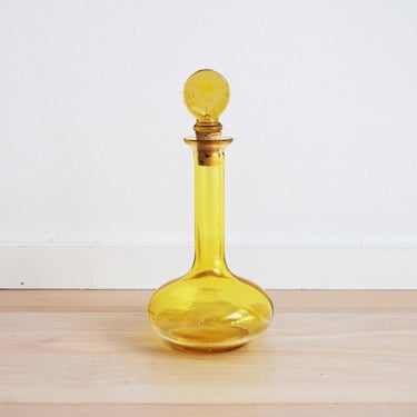 Vintage Hand Blown Yellow Glass Bottle with Cork Stopper Made in Japan 