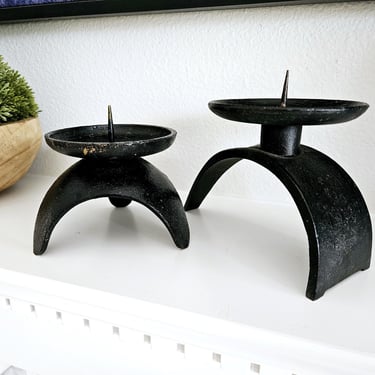 MCM Black Cast Iron Atomic Tripod Candleholder Set 