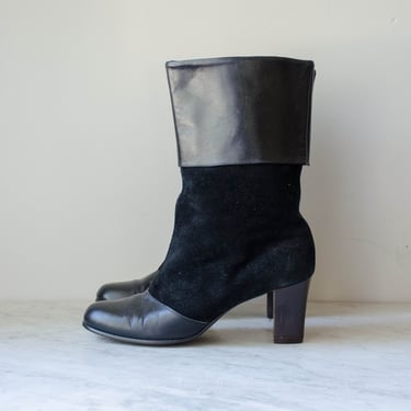 black leather ankle boots | 70s 80s vintage black suede two tone high heel boots size 8 