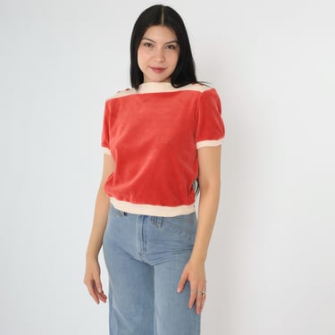 Vintage 80s Terry Cloth Top Slouchy Shirt Red Cream Retro Tee Slouch Short Sleeve Boatneck Small S 