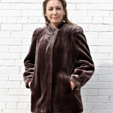 Vintage 1970s Sasson Gray Faux Fur Coat, Small Women, Jacket, black faux leather trim, vegan coat 