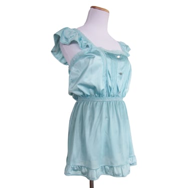 Vintage Blue Shortie Nightgown with Panties, Silky Lace Trimmed Nylon Baby Doll Nightgown with Pin Tucks, Texsheen Lingerie / Size Large 