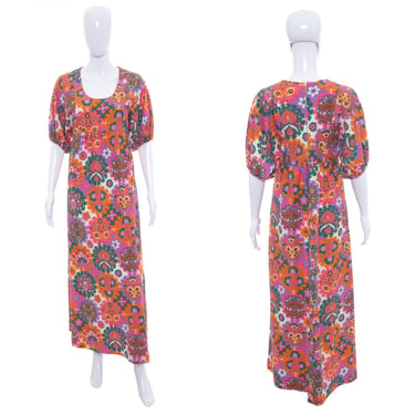 1970's Pink and Multicolor Psychedelic Print Dress M/L