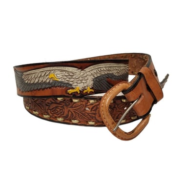 Vintage Americana Belt, Brown Leather Tooled Eagle Roses USA, Handmade in Mexico, Biker, Western, Wild West Mens Accessories 
