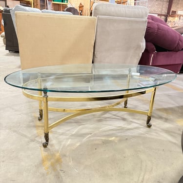 Hollywood Regency Style Glass Coffee Table with Brass Base