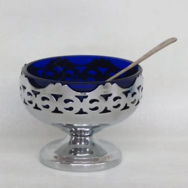 Cobalt Blue Glass Chrome Footed Candy Dish Sorbet Bowl with Spoon 3221B