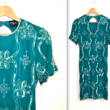 90s Vintage Sequin Dress Flapper Inspired Sequin Dress size XS Small in Teal Blue// Vintage Beaded Dress in Blue Green 