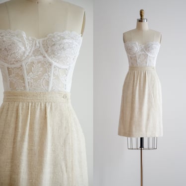 raw silk skirt | 70s 80s vintage Liz Claiborne cream beige silk a-line knee length wrap skirt 