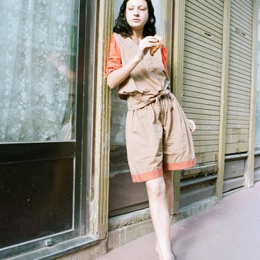 early 1980s Giorgio Armani colorblock set, brown and orange with rust piping, boxy fit shirt and high waisted shorts 