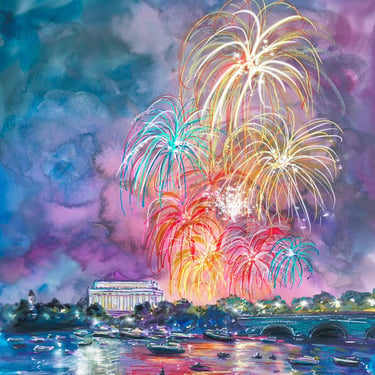 Gicleé Print of Fireworks and Over the Lincoln on the Potomac by Cris Clapp Logan 