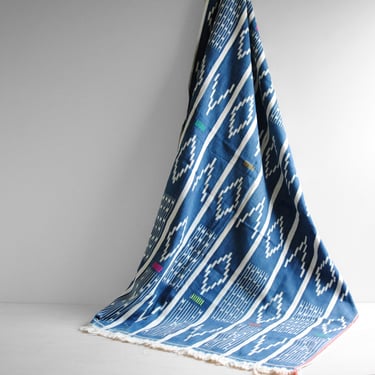 Vintage African Indigo Textile Throw Blanket, Embroidered Baule Indigo Fabric in Blue and White,  58
