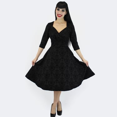 Holiday Black PinUp Damask 1940s Vintage Inspired Circle Party Dress w/ Pockets 