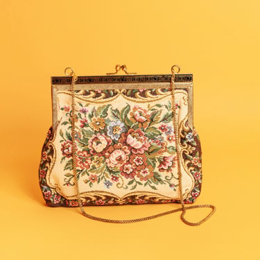 50s Floral Tapestry Adorned Purse Vintage Flower Embroidered Gold Trim Purse 