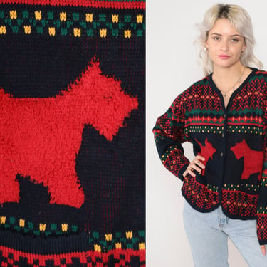 Scottie Dog Sweater 90s Button up Knit Cardigan Scottish Terrier Dog Print Striped Navy Blue Red Green Acrylic Vintage 1990s Tally Ho Medium 