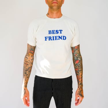 Vintage 70s 80s BEST FRIEND Velvet Letter Patch Short Sleeve Crewneck Sweatshirt | Made in USA | 1970s 1980s Distressed Gym Rat Sweatshirt 