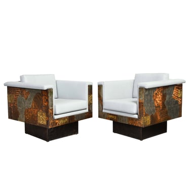 Paul Evans Rare and Exceptional Pair of Patchwork Cube Lounge Chairs 1970s