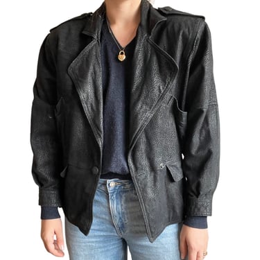 Vintage 80s Womens Black Suede Leather Biker Oversized Bomber Jacket Sz M 