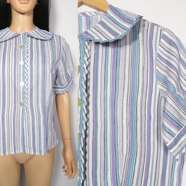 Vintage 60s Plus Size Peter Pan Collar Striped Tailored Blouse Size XL 