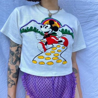 Vintage Mickey Mouse Tshirt / Felted 3d Rainbow Mickey / Disney Land Crop Top / Disney World / Vintage Disney Shirt / 70s Crop Top 