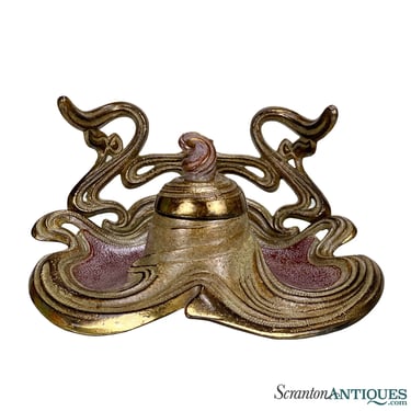 Antique Art Nouveau Brass Sculpted Desk Inkwell