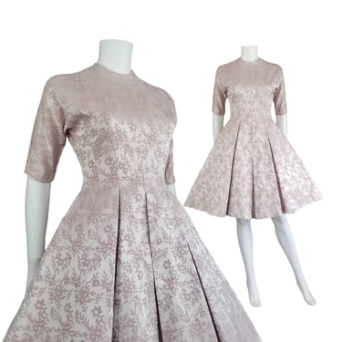 Vintage Pink Brocade Dress, Small / 1950s Cocktail Dress / Satin Fit and Flare Party Dress / Madmen Style Skirt with Pockets and Big Pleats 