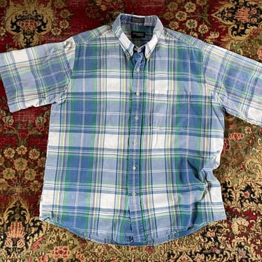 Vintage ‘80s Greenwich Point authentic Indian oxford plaid shirt | preppy shirt, short sleeve button down, L/XL 17 - 17 1/2 