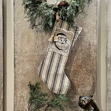 Whimsical Christmas stocking handmade in cotton ticking, embroidered or cotton fringe with leather hanging tag 