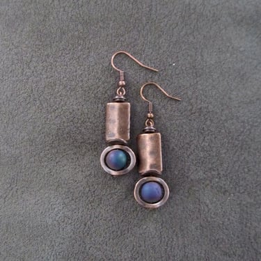 Hammered copper earrings, gypsy earrings, rainbow multicolor druzy agate earring 