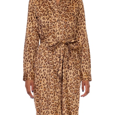 2000S Ralph Lauren Leopard Print Brown Cotton Sateen Safari Shirt Dress 