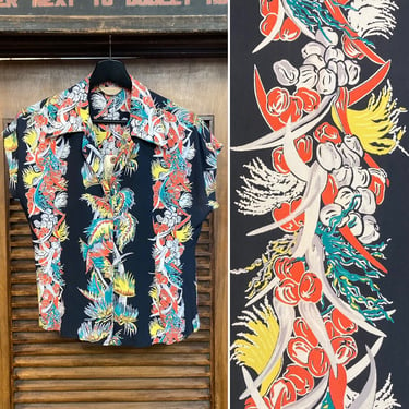 Vintage 1940’s Rayon “Kamehameha” Ladies Black Background Tiki Hawaiian Shirt Top, 40’s Tropical Top, Vintage Clothing 