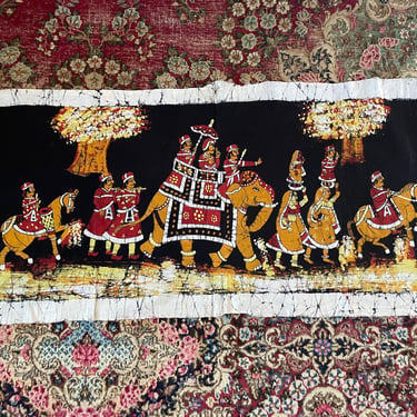 Vintage ‘70s Indian parade tapestry | black, orange & red hand block print cotton wall hanging, horses elephants 
