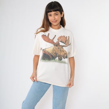 Vintage 90s Moose T-Shirt Retro Animal Wildlife Graphic Tee Screen Print TShirt Short Sleeve Single Stitch Cotton Top 1990s Large L 