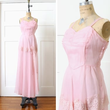 vintage 1930s pink full length gown • lace bow & sweetheart ruched bodice sleeveless formal dress 