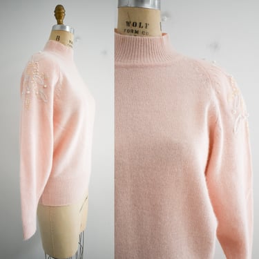 1980s Fuzzy Pink Sweater with Beaded Shoulders 
