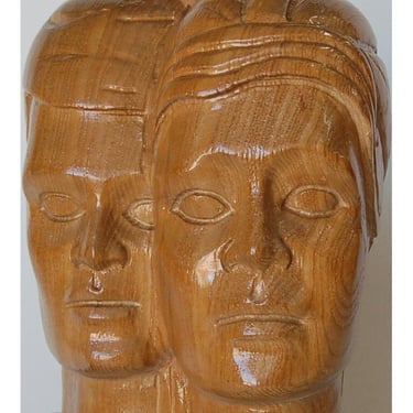Carved Oak Side by Side Male and Female Couple Sculptural Table Lamp, in Jascha Heifetz Style - a Pair 