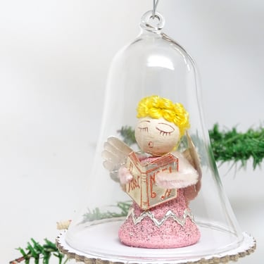 Vintage German Spun Cotton Angel in Glass Dome Christmas Ornament, for Putz or Nativity, Antique Dresden Paper Wings, Germany U S Zone 