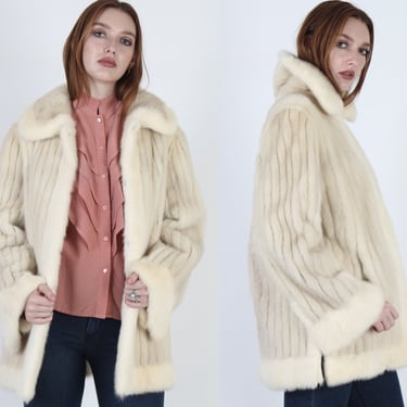 Platinum Blonde Mink Coat / Real Fur Under Collar Jacket / Womens 60s Swing Two Tone Overcoat / Vintage 1960s Corded Bridal Coat 