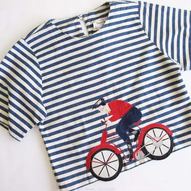 Vintage Stripe Novelty Bicycle Rider Blouse S M - Blue White Boxy Top - Kawaii Twee 