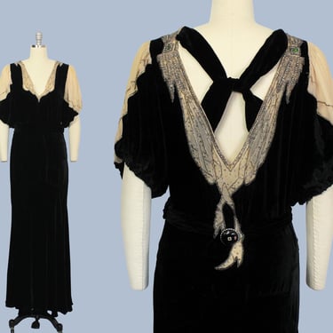 RARE 1930s Dress / 30s Silk Velvet Dress / Wiener Werkstatte / Enameled Button Brooch Josef Hoffmann / Bias / Plunge Neck 