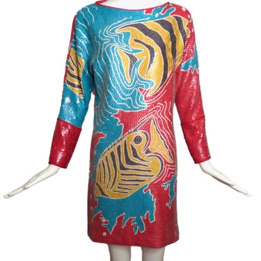 1980s Sequin Silk Print Dress, Size-4
