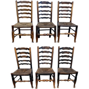 Set Six English Lancashire Georgian Oak and Elm Rush Seat Ladderback Dining Chairs