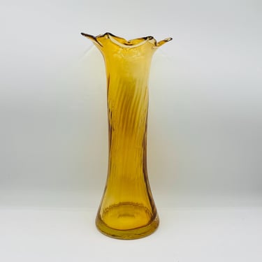 High Quality Handblown Italian Murano Yellow/Amber Swirl Glass Vintage Swung 11.5 Tall Vase by LeChalet