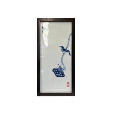 Wood Frame Porcelain Blue White Lotus Seed Bird Wall Plaque Panel ws3355E 