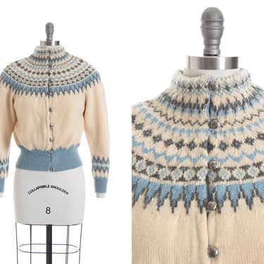 Vintage 1950s Sweater | 50s Knit Wool Fair Isle Norwegian Geometric Winter Warm Thick Knit Cropped Button Up Cardigan (x-small/small) 