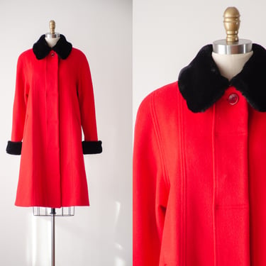 red wool coat | 80s 90s vintage Charles Klein red black faux fur collar heavy warm long wool coat 