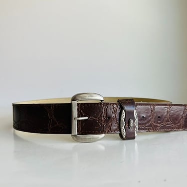 Vintage 90s Brown Vegan Leather Southwestern Chunky Silver Buckle Belt - M 