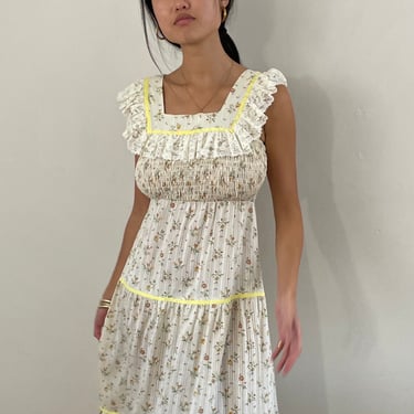 70s ruched calico maxi dress / vintage daisy yellow calico smocked ruffled prairie sundress maxi boho dress | Medium 
