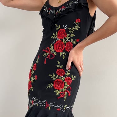 Vintage Noir Silk Bouquet Embroidery Dress
